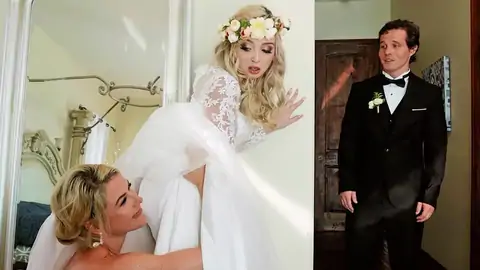 The groom catches the wife scissoring a girl-on-girl